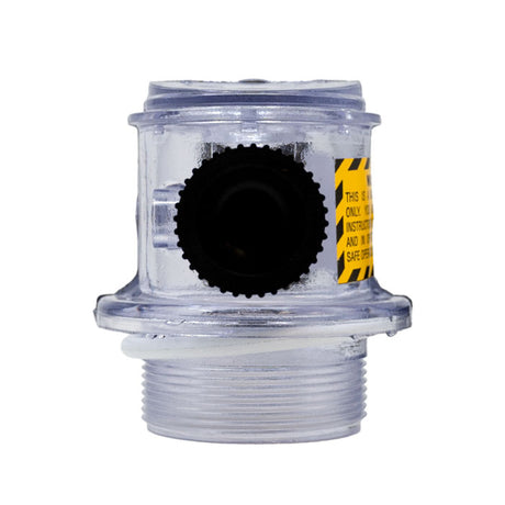 Clear Pentair manual air relief assembly with black knob and threaded base