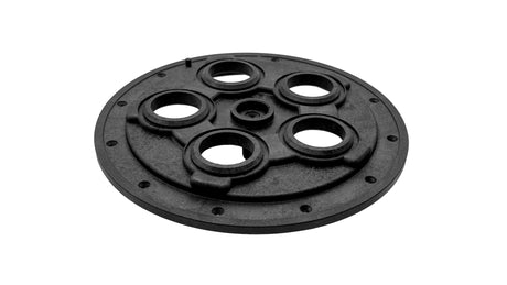 Black 5-port pool cleaning valve center plate with five circular openings
