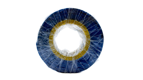 Coiled blue fiber reinforced drain hose wrapped in clear plastic