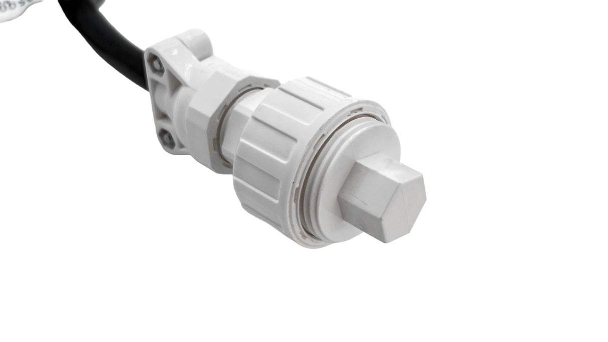 White waterproof spa light cord connector with black cable and threaded locking cap