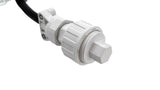 White waterproof spa light cord connector with black cable and threaded locking cap