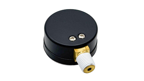 Black bottom mount pressure gauge with brass fitting and white threaded connector