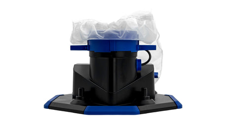 A black and blue industrial pump or filter unit with a clear plastic cover draped over the top, shown on a solid white background.