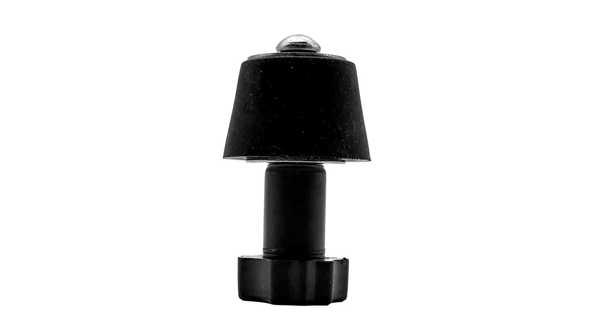 A black plastic or rubber lampshade-like component with a cylindrical base and a small metallic dome on top, centered on a plain white background.