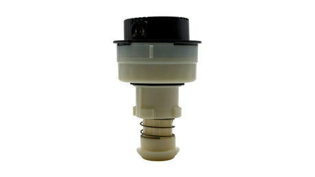 Gray fixed pop-up sprinkler head with black top and spring-loaded stem