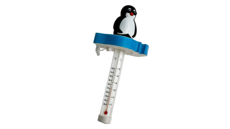 Oreq Chillin Charlie floating pool and spa thermometer with penguin topper, blue ring, and temperature scale