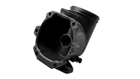 Black Hayward TriStar pump strainer housing with drain plugs, shown from the front on a white background