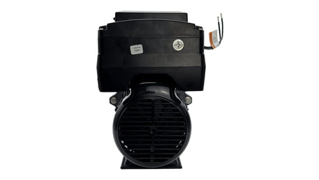 Black pool pump motor assembly with vented front housing and attached wires on white background
