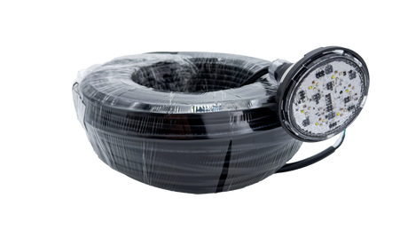 Coiled black 150-foot cord with attached Pentair IntelliVibe Mezzo pool light fixture