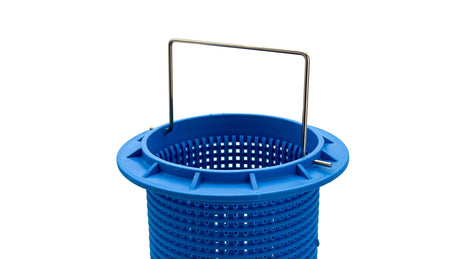Blue plastic debris basket with metal handle for Pentair in-floor system
