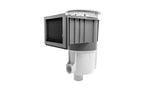 Gray QuikSkim pool skimmer with white ring lid and protective foam access door on a white background