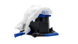 A black and blue pool pump cover with a clear plastic protective hood, shown on a solid white background.