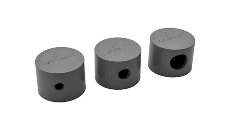 Three light gray Paramount Pool Valet retro single-head caps with side openings on a white background