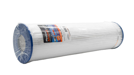 Pleatco Ultra-A1-PAK4 pool and spa filter cartridge wrapped in plastic, white cylindrical pleated filter with blue end caps