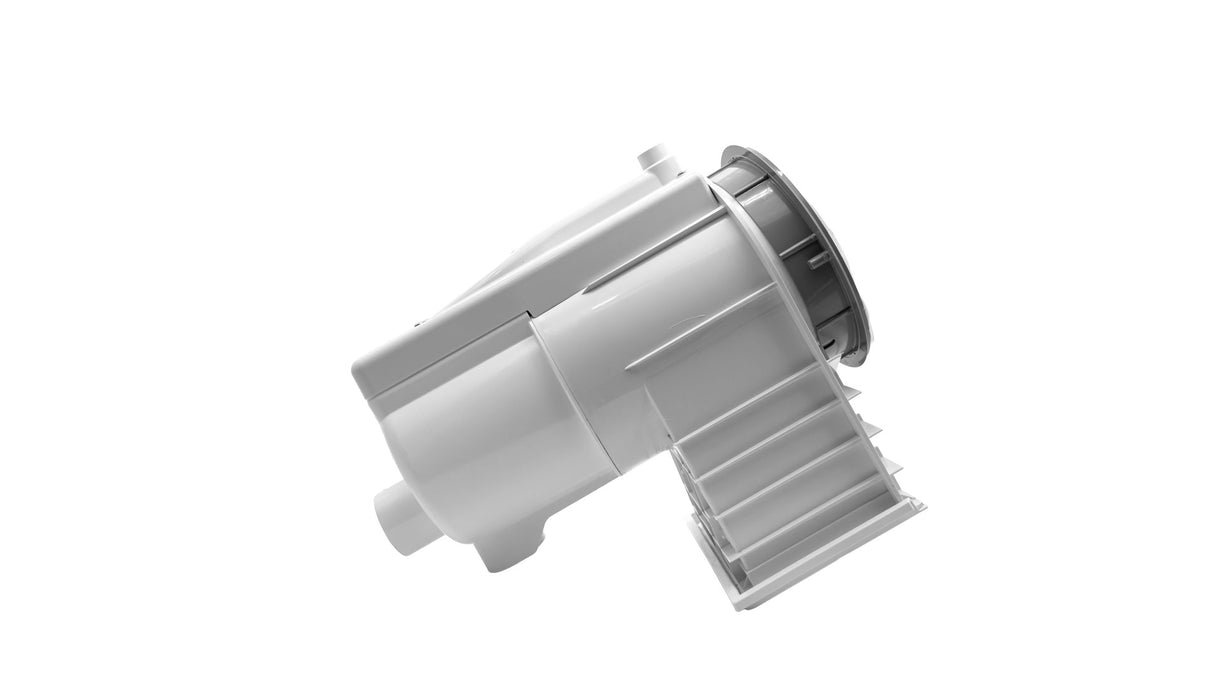 QuikSkim Venturi skimmer body in white and gray, angled side view on white background