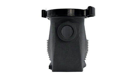 Black pool pump strainer housing with side inlet and top mounting flange