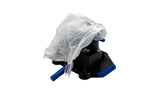 A black and blue plastic mechanical component, possibly a filter or valve assembly, partially covered by a translucent white plastic protective sleeve, shown on a plain white background.