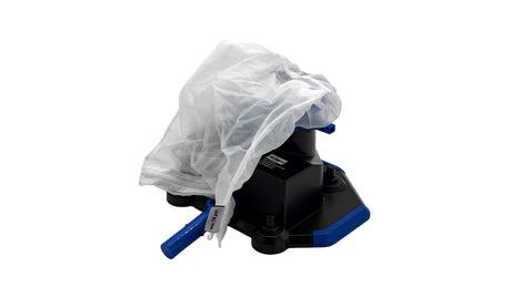 A black and blue plastic mechanical component, possibly a filter or valve assembly, partially covered by a translucent white plastic protective sleeve, shown on a plain white background.