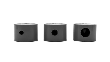 Three light gray pool cleaner hose connector caps with different-sized openings