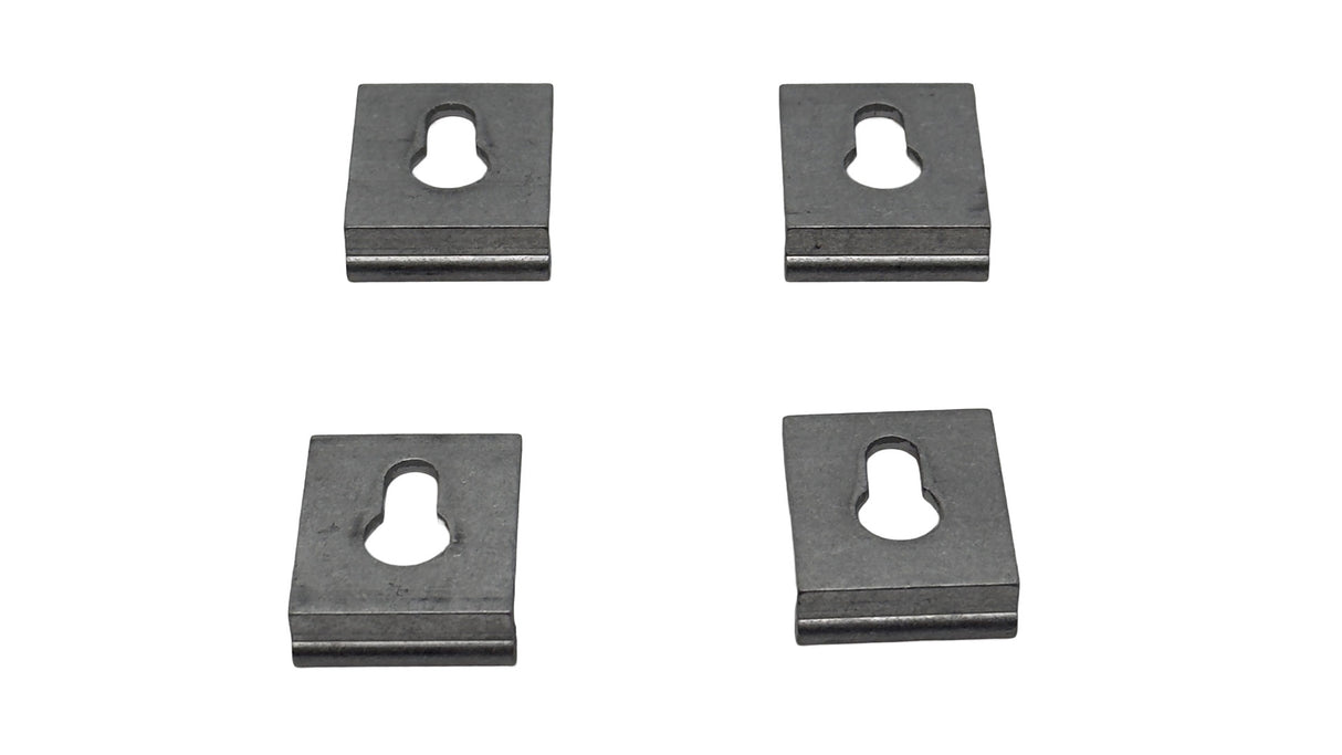 Four black metal stand pipe clips for Pentair QP3 filter, each with a keyhole opening on a white background