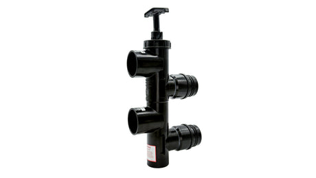 Black Waterway 2 1/2-inch CPVC slide backwash valve with top handle and multiple pipe connections