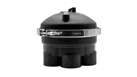 Black 6-port 2-inch water valve with chrome band clamp and capped fittings on white background