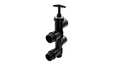 Black CPVC slide backwash valve with T-handle and three pipe connections