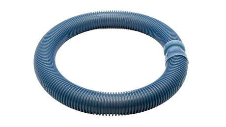 Blue ribbed pool vacuum hose coiled on a white background