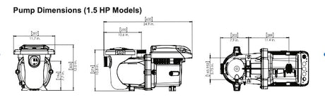 Pentair IntelliFlo3 VSF 1.5HP pool pump dimension diagram with front, side, and top views