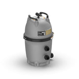Opposite angle of Jandy CC300 and CC400 filter showing tank handles, air release assembly and plumbing ports