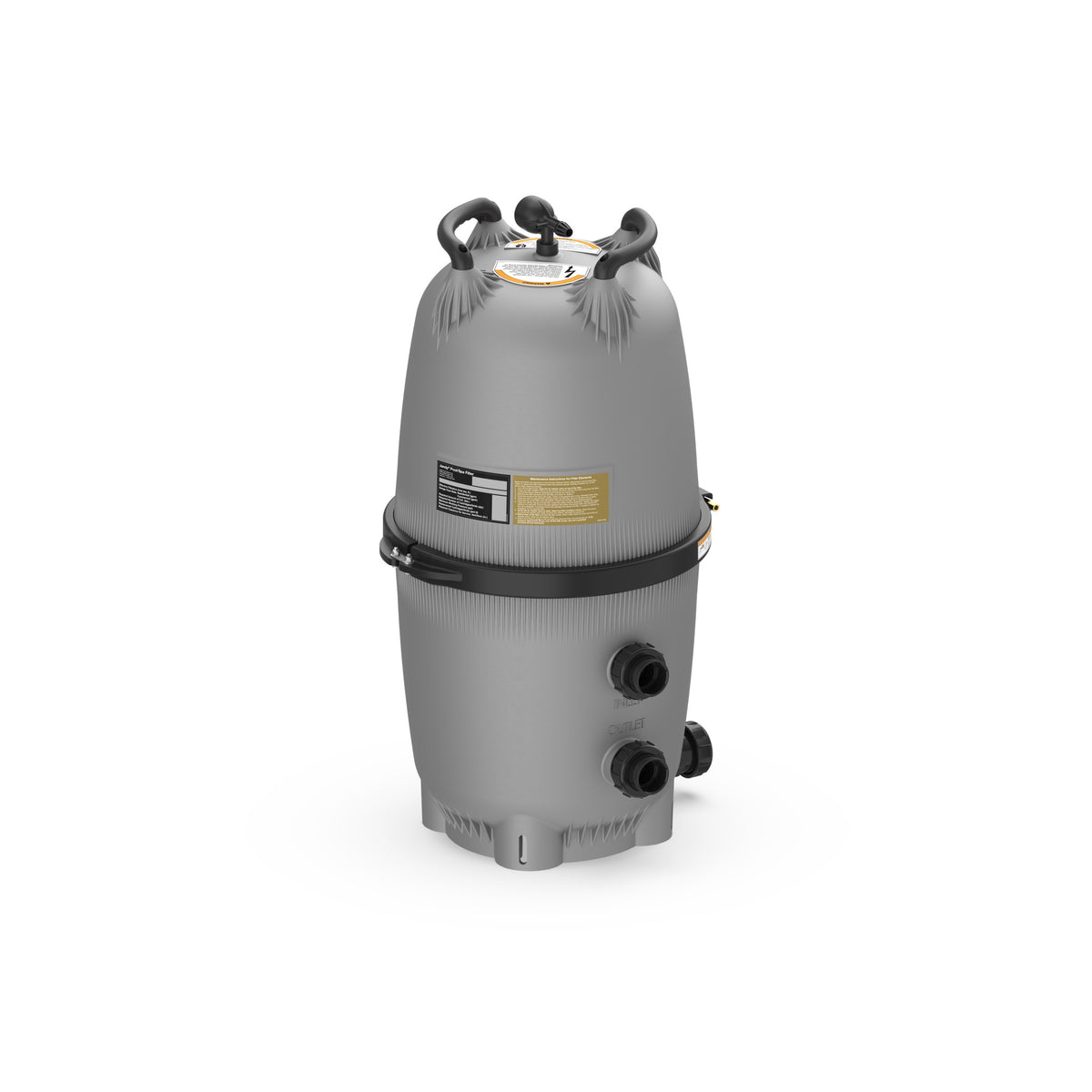 Opposite angle of tall Jandy CC500 cartridge filter showing handles, clamp and plumbing ports