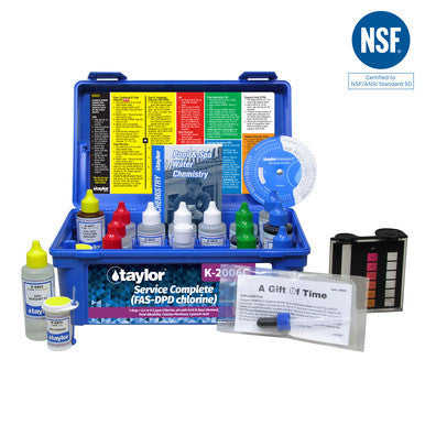 Taylor Service Complete FAS-DPD chlorine test kit in blue carrying case with test reagents, comparator block, sample cups, instructions, and NSF certification mark