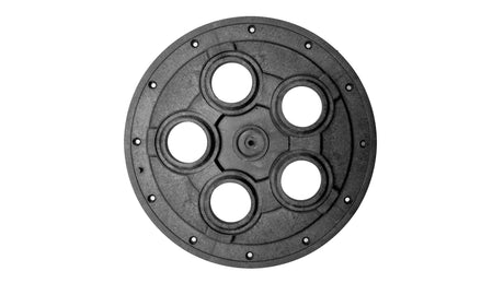 Black five-port pool cleaning valve center plate with five circular openings