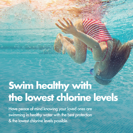 Child swimming underwater in a pool with promotional text about the lowest chlorine levels