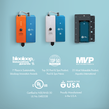 Clear Comfort CCW25 sanitation system with three unit models and certification and award badges on a light blue background