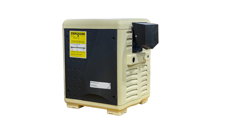 Pentair MasterTemp pool heater with beige and black cabinet, side vent, and EnergyGuide label