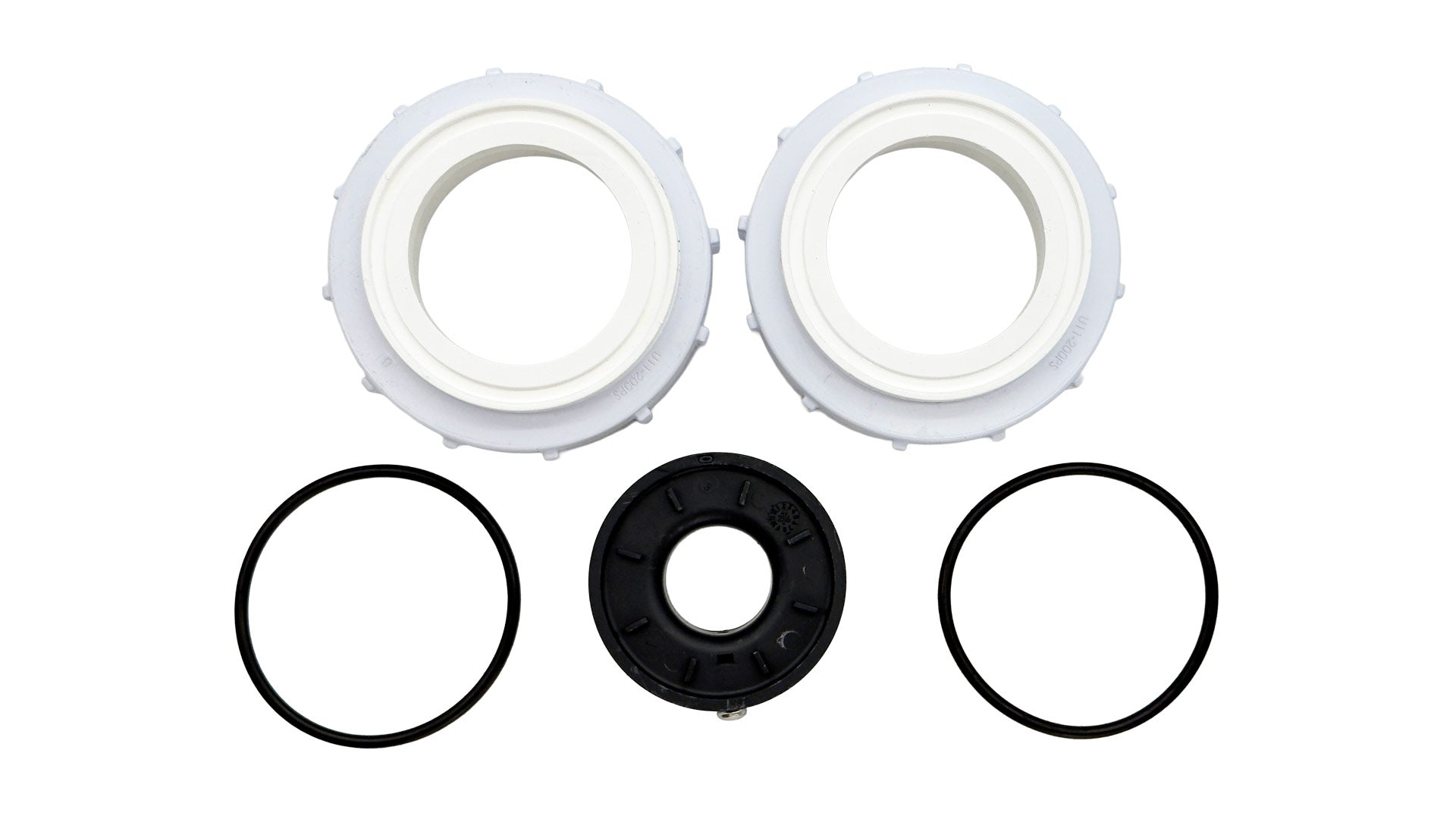 Pool heater replacement seal kit with two white fittings, one black valve cap, and two O-rings on a white background