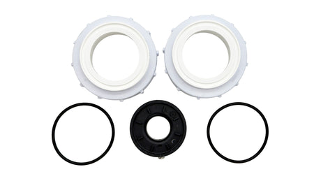 Pool heater replacement seal kit with two white fittings, one black valve cap, and two O-rings on a white background