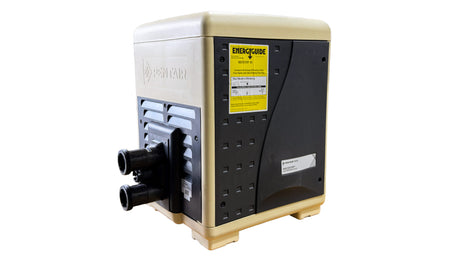 Pentair MasterTemp 400 high-performance natural gas pool heater with side plumbing connections and EnergyGuide label