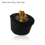 Paramount single water valve winterizing plug with black rubber body and brass wing nut.