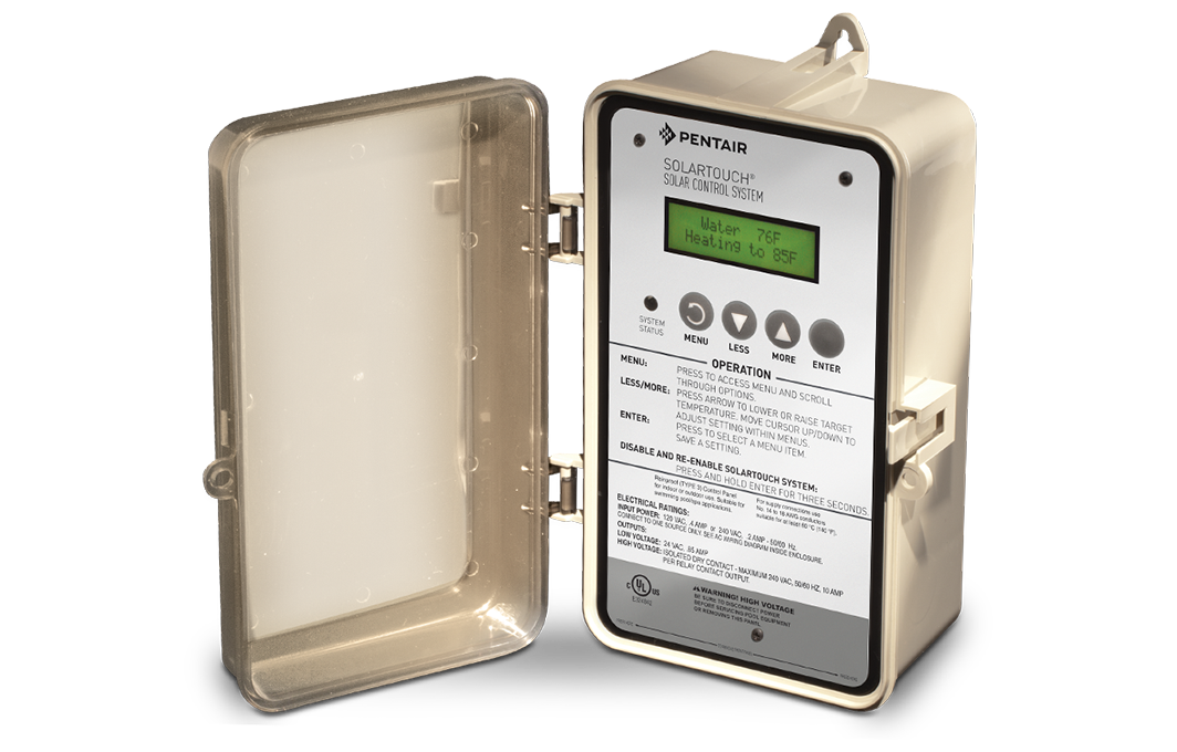 Pentair SolarTouch 521590 control unit with open hinged cover, LCD and keypad