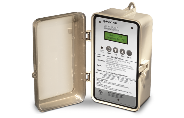 Pentair SolarTouch 521590 control unit with open hinged cover, LCD and keypad