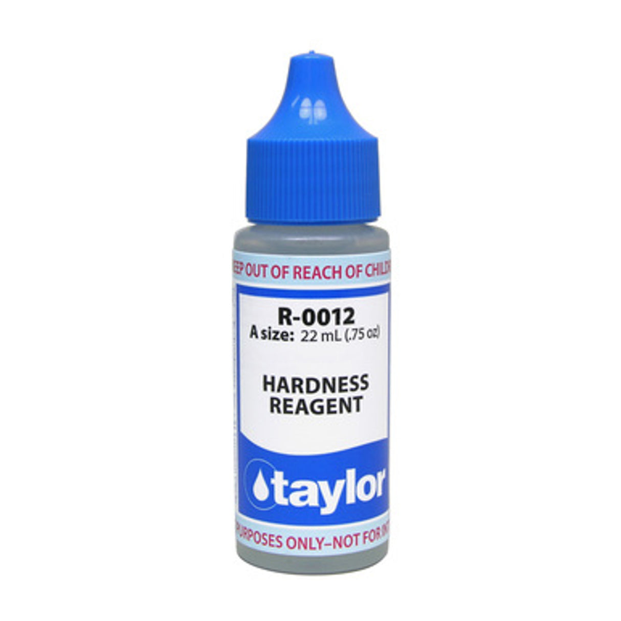 Taylor R-0012-A hardness reagent in a 0.75 oz dropper bottle with blue cap.