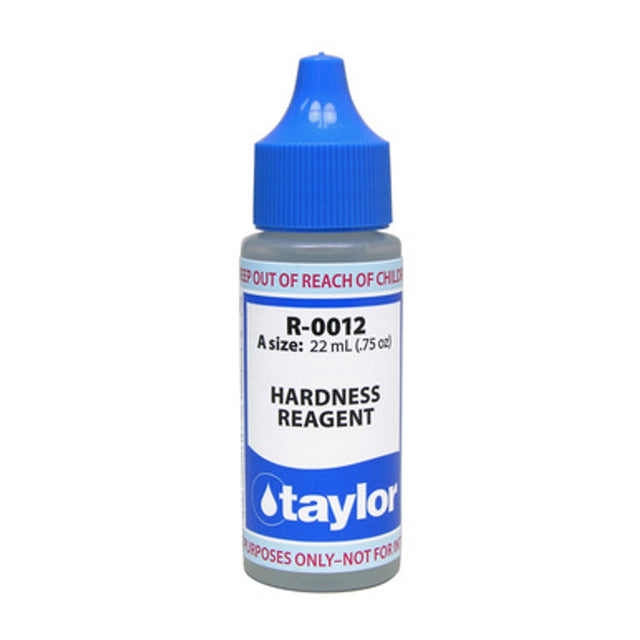 Taylor R-0012-A hardness reagent in a 0.75 oz dropper bottle with blue cap.
