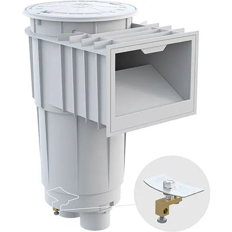 Hayward SkimMaster square pool skimmer with 2-inch socket and 4.5-inch throat, shown with lid and weir assembly