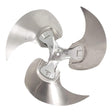 Three-blade stainless steel mixer blade with curved mixing fins on a white background