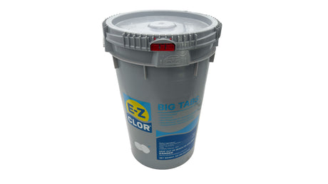 Gray EZ-Chlor 50 lb bucket with secure lid and blue label for 3-inch chlorine tabs