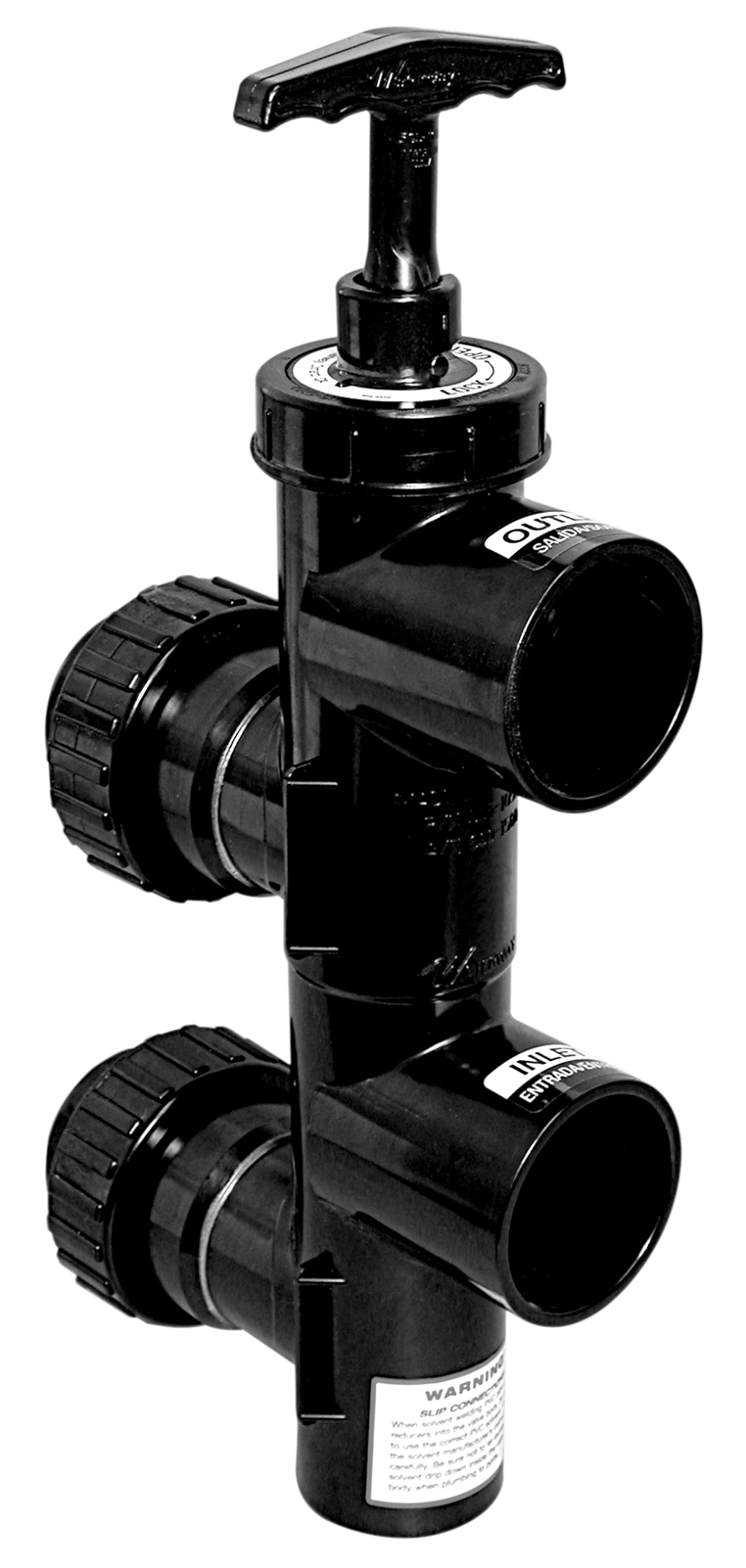 Black Waterway Plastics 600-1500 CPVC slide backwash valve with T-handle and filter union connections