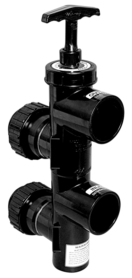 Black Waterway Plastics 600-1500 CPVC slide backwash valve with T-handle and filter union connections