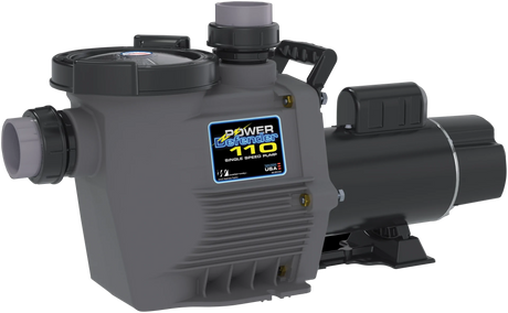 Waterway Plastics Power Defender PD-110 single-speed pump with gray housing, strainer lid, unions and motor